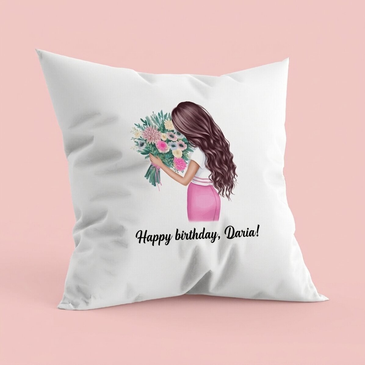 Gepersonaliseerd kussen met tekst - Meisje met bloemen