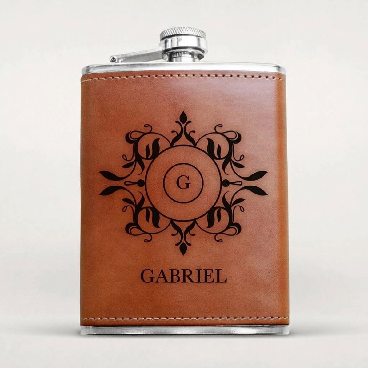 Gepersonaliseerde zakfles met lederen hoes - Monogram
