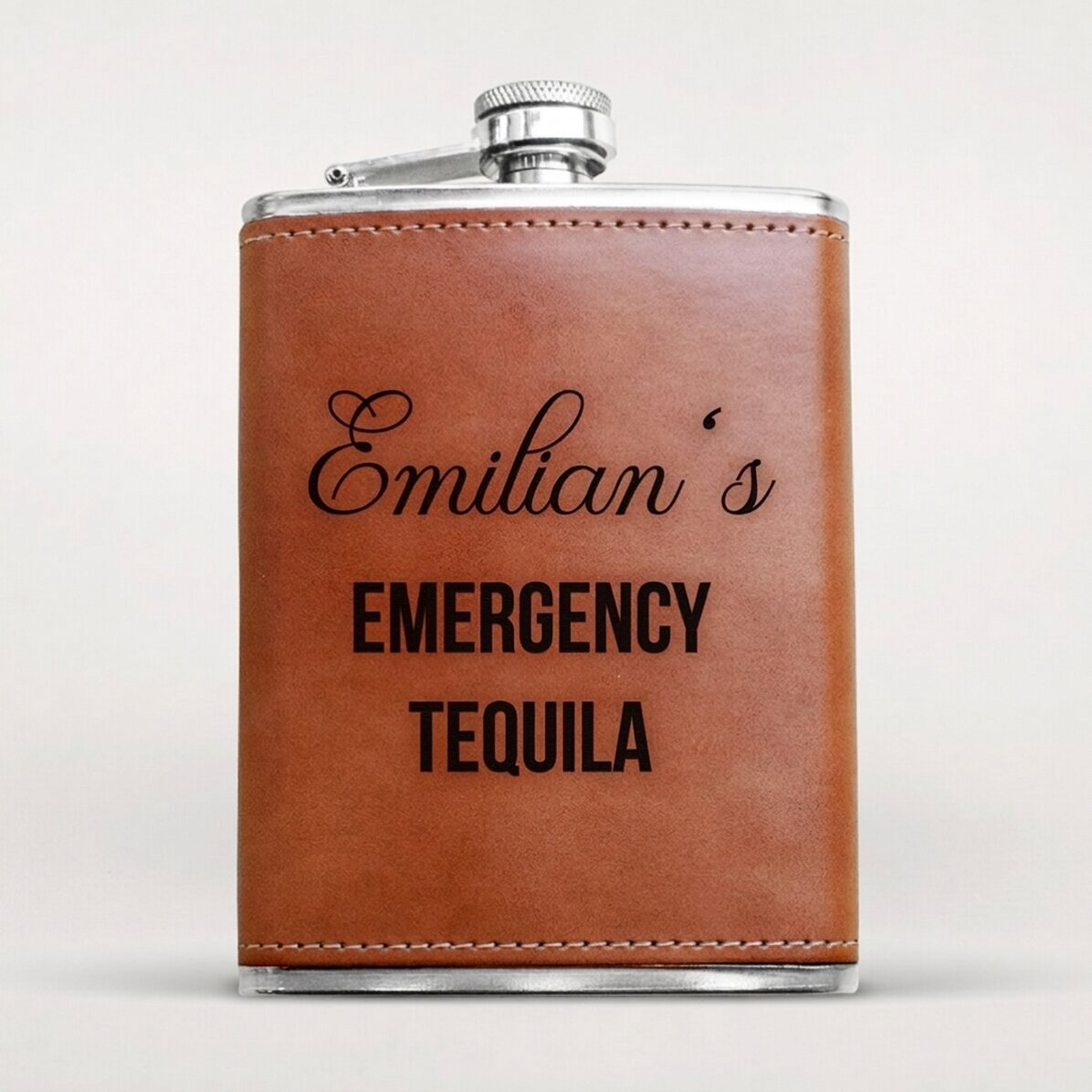 Gepersonaliseerde, met leer beklede zakfles - Emergency Tequila