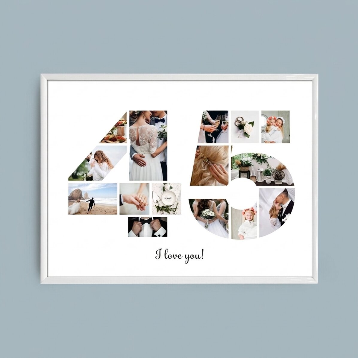 Personalised landscape canvas with 15 photos, model number 45, and text message