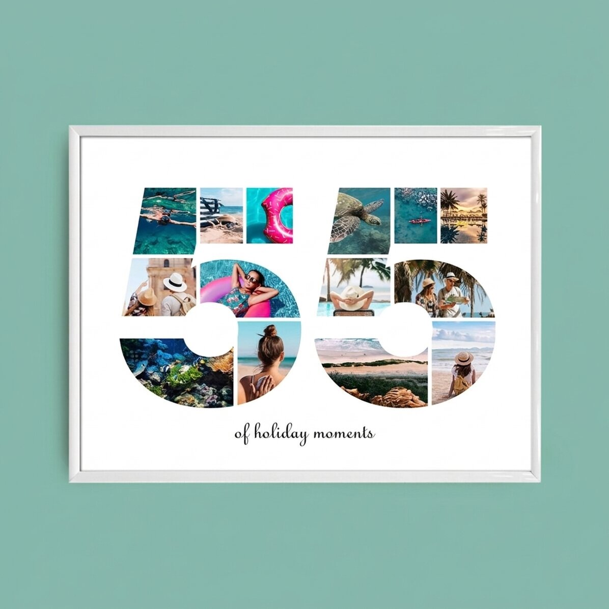 Personalised landscape canvas with 14 photos, model number 55, and text message