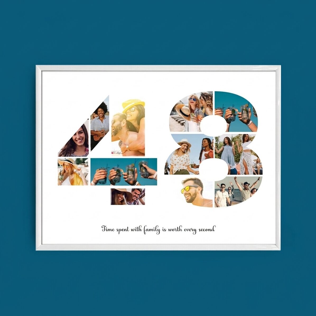 Personalised landscape canvas with 12 photos, model number 48, and text message