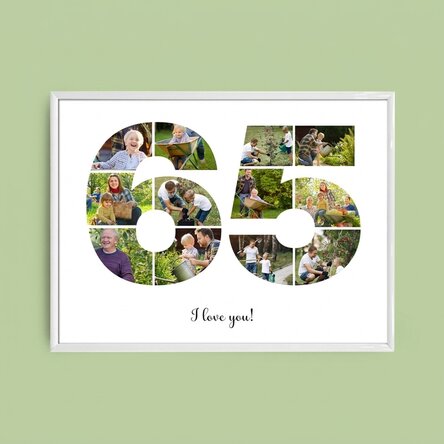 Personalised landscape canvas with 12 photos, model number 65, and text message
