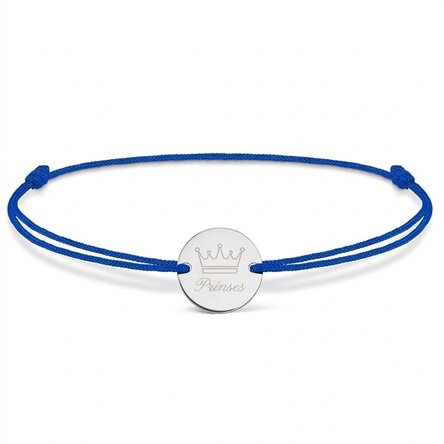Gepersonaliseerde armband met koord - muntje 14 mm - 925 zilver - kroonmotief