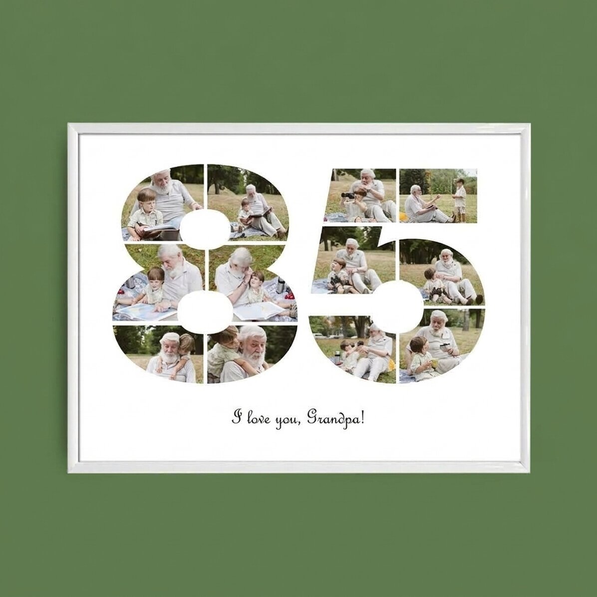 Personalised landscape canvas with 12 photos, model number 85, and text message