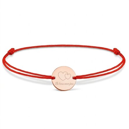 Gepersonaliseerde armband met koord - muntje 14 mm - 925 zilver - I love you