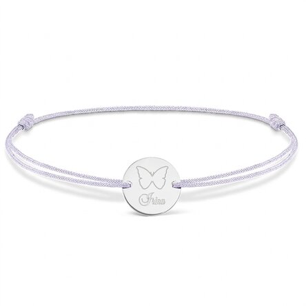 Gepersonaliseerde armband met koord - muntje 14 mm - 925 zilver - vlindermotief