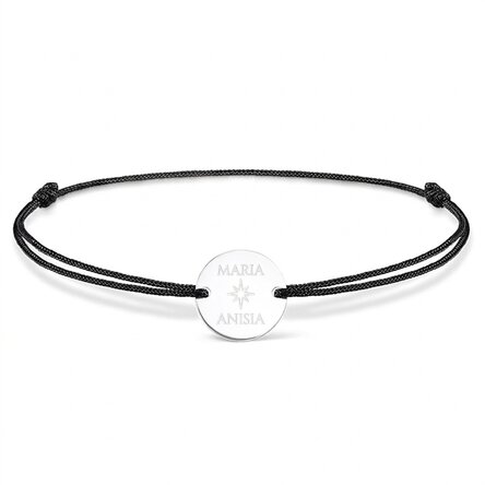 Gepersonaliseerde armband met koord - muntje 14 mm - 925 zilver - sterrenmodel met 2 namen