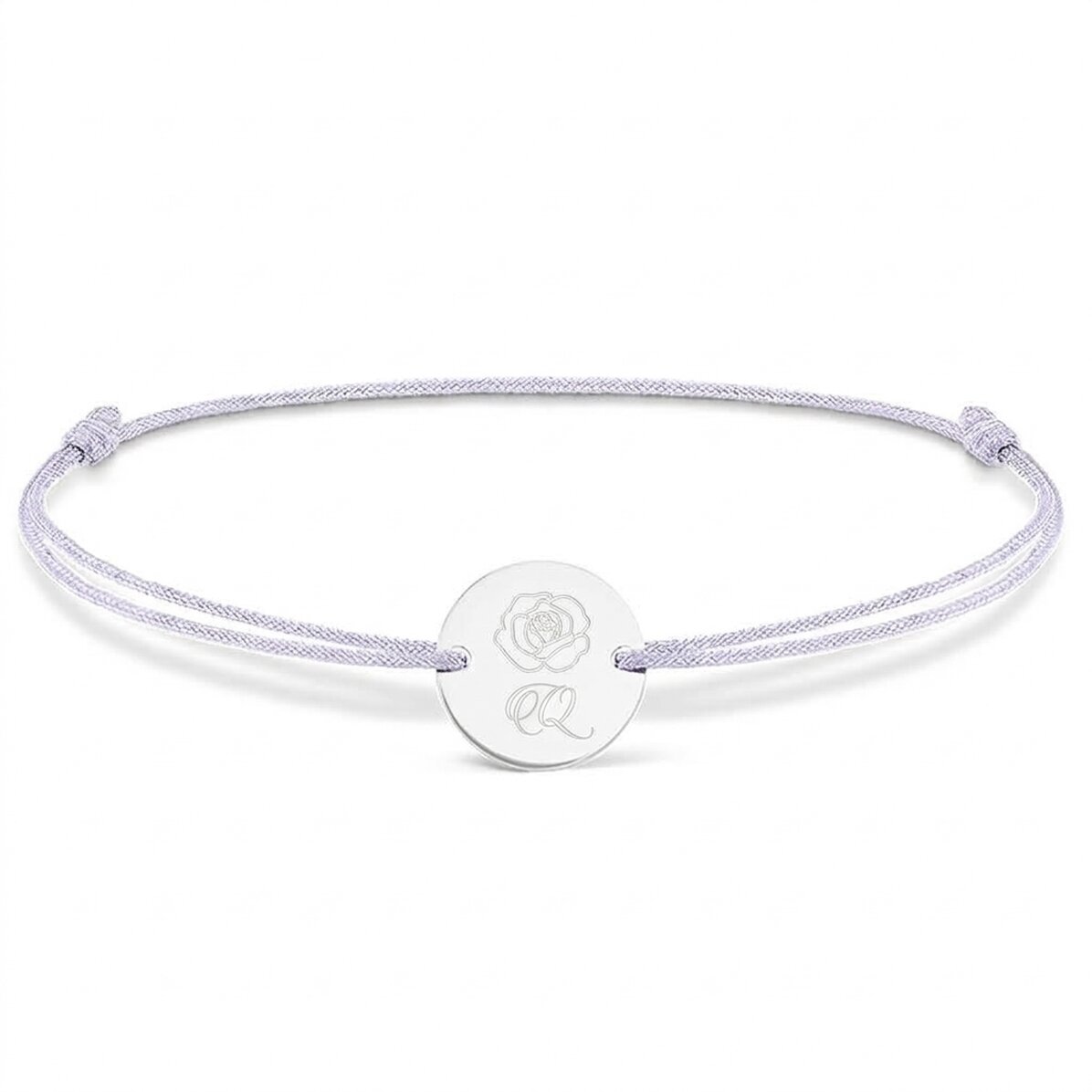 Gepersonaliseerde armband met koord - muntje 14 mm - 925 zilver - roosmotief