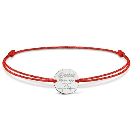 Gepersonaliseerde armband met koord - muntje 14 mm - 925 zilver - model ‘heart beat’