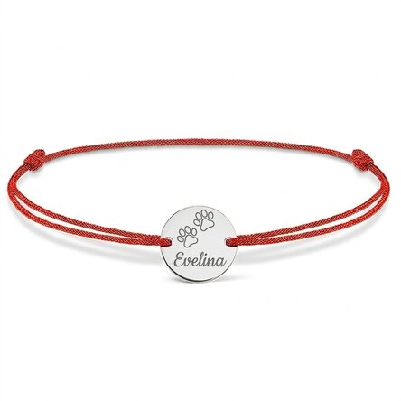 Gepersonaliseerde armband met koord - muntje 14 mm - 925 zilver - kattenpootje-motief