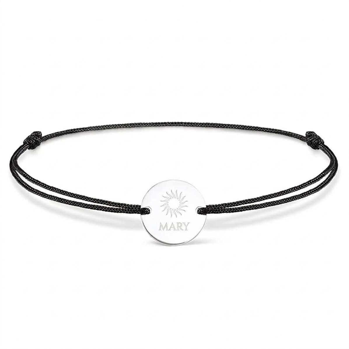 Gepersonaliseerde armband met koord - muntje 14 mm - 925 zilver - zonmotief