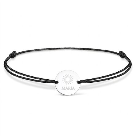 Gepersonaliseerde armband met koord - muntje 14 mm - 925 zilver - zonmotief