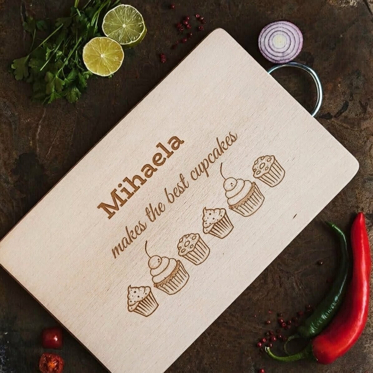 Rechthoekige snijplank met gepersonaliseerd handvat - Muffins-model