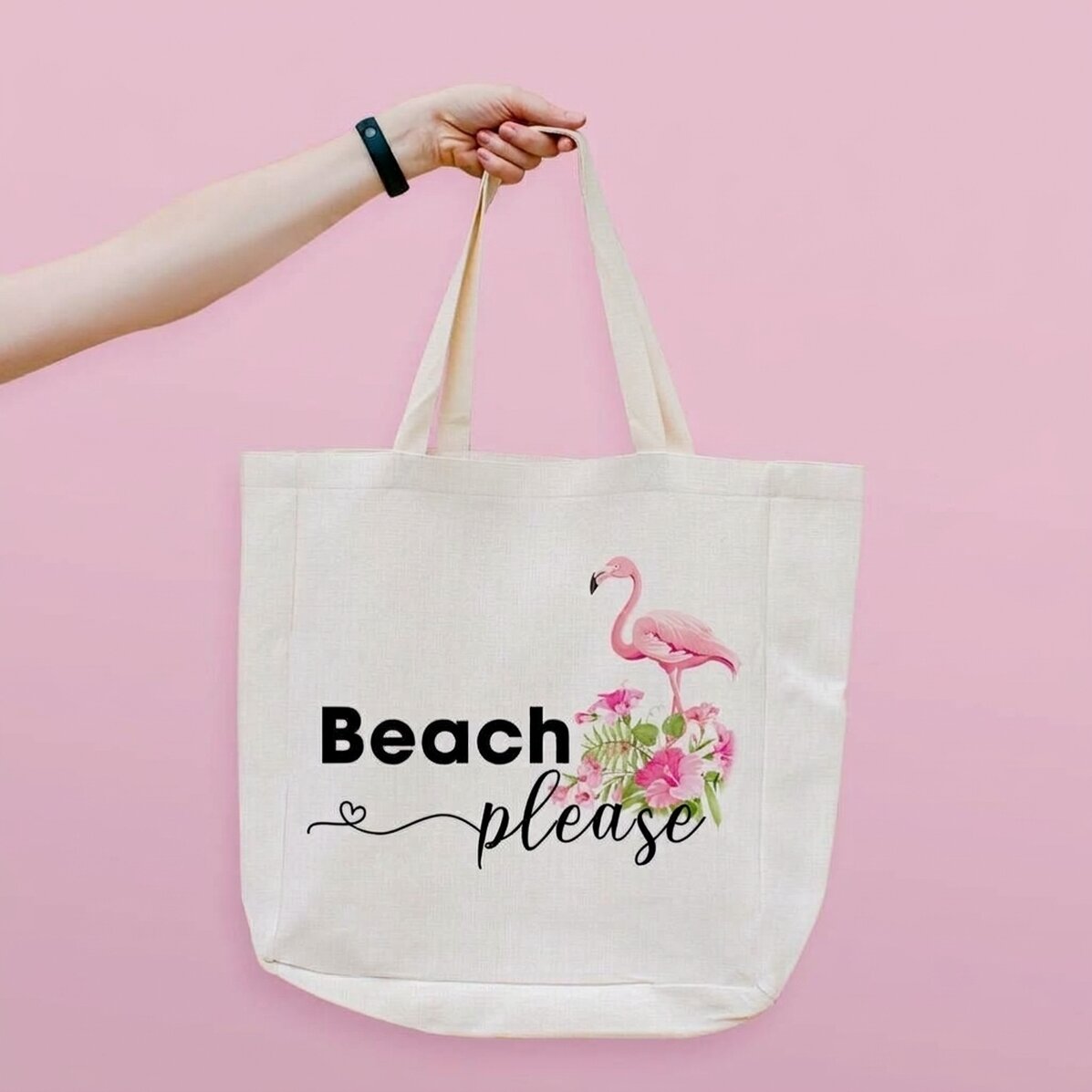 Strandtas met gepersonaliseerde tekst - Beach please, model flamingo