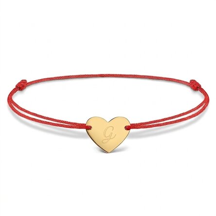 Gepersonaliseerde armband met koord - hartje 12x10 mm - 14-karaats goud - model met initiaal