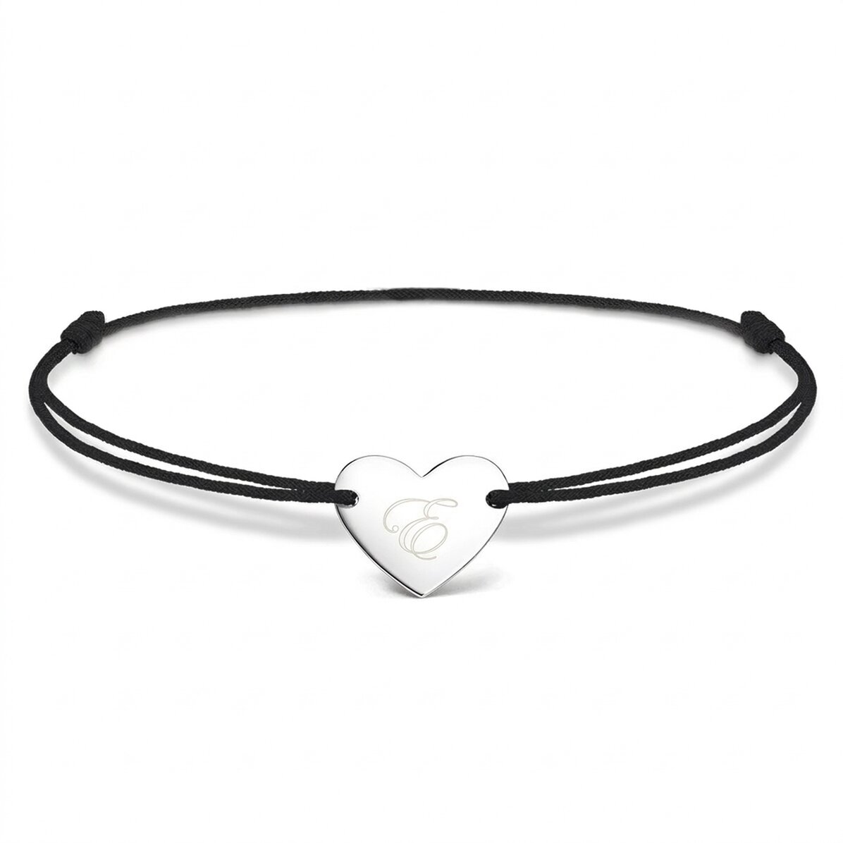 Gepersonaliseerde armband met koord - hartje 12x10 mm - 925 zilver - model met initiaal 2