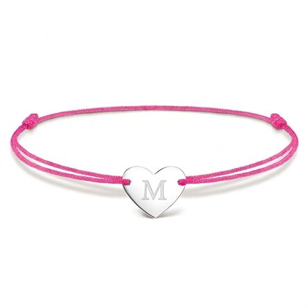 Gepersonaliseerde armband met koord - hartje 12x10 mm - 925 zilver - model met initiaal 4