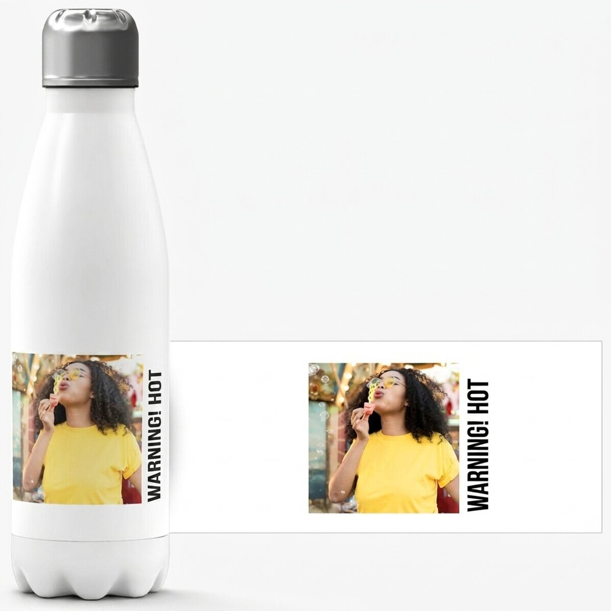 Thermosfles met witte bodem, gepersonaliseerd met een foto en tekst