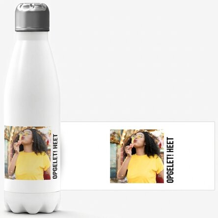 Thermosfles met witte bodem, gepersonaliseerd met een foto en tekst