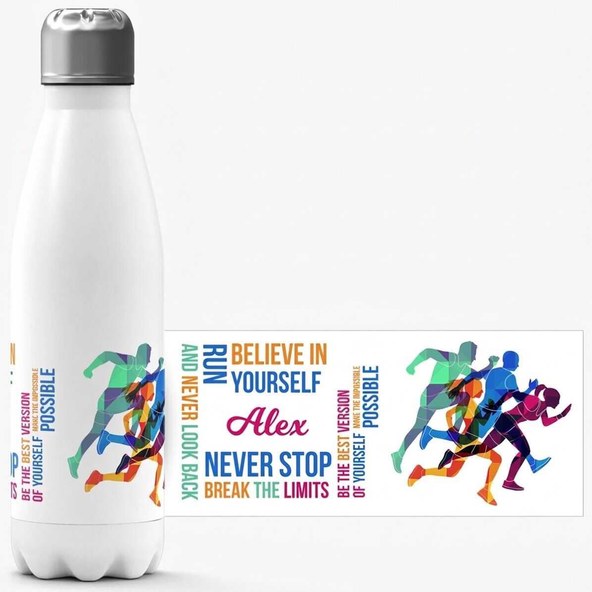 Thermosfles met witte bodem, gepersonaliseerd met naam - Runner