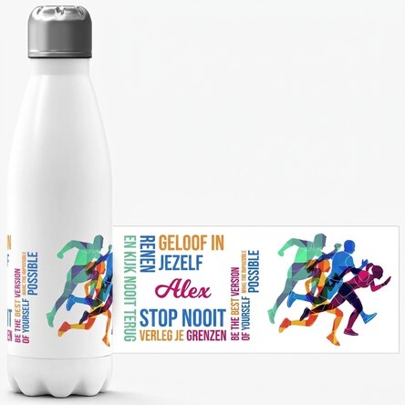 Thermosfles met witte bodem, gepersonaliseerd met naam - Runner