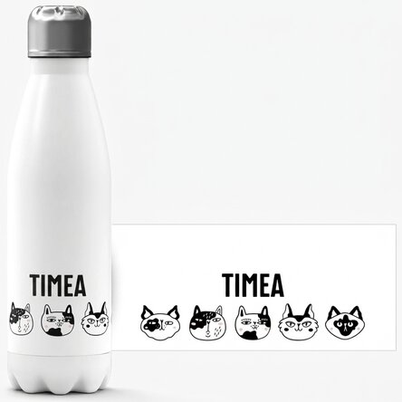 Thermosfles met witte bodem, gepersonaliseerd met naam - Cats