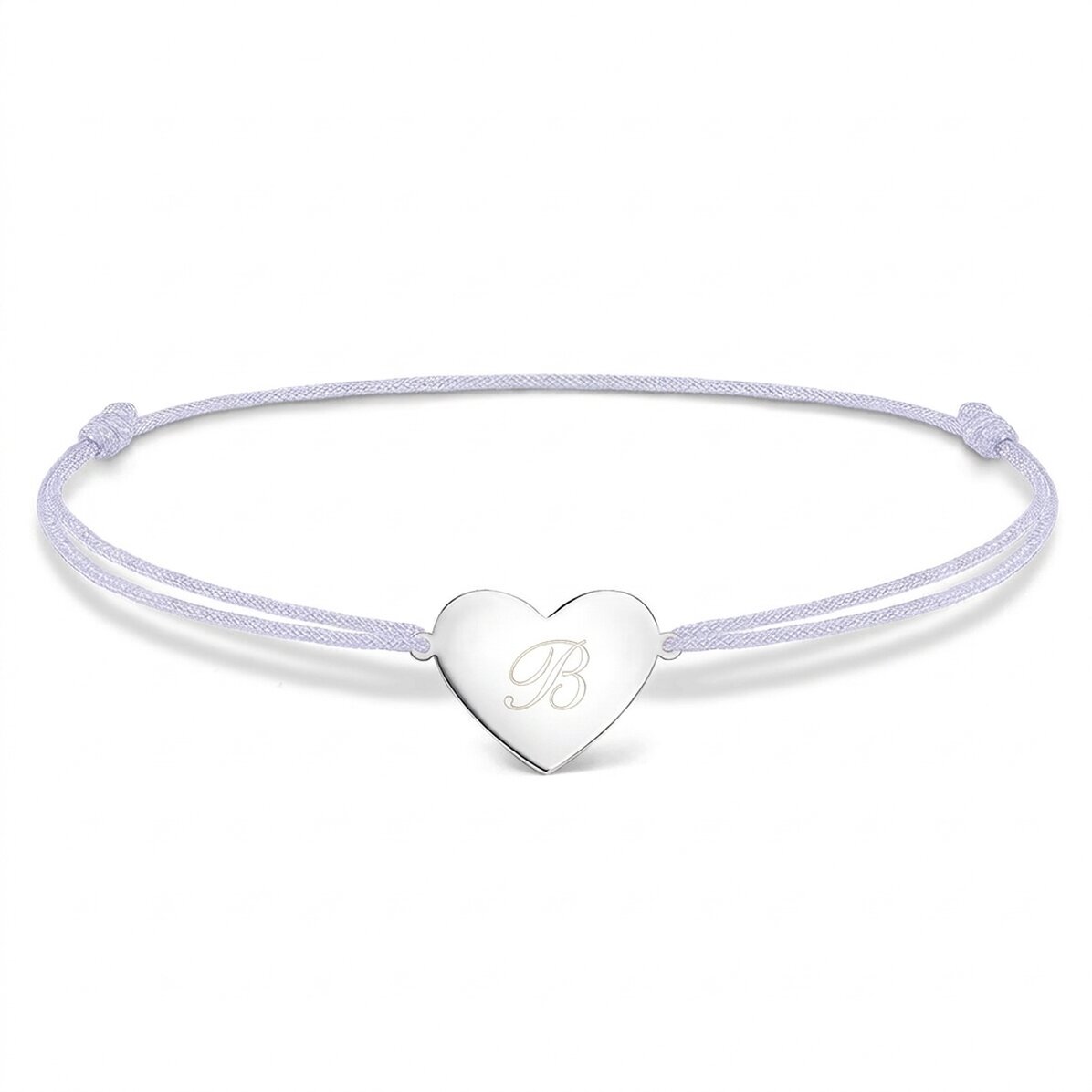 Gepersonaliseerde armband met koord - hartje 15x13 mm - 925 zilver - initiaal