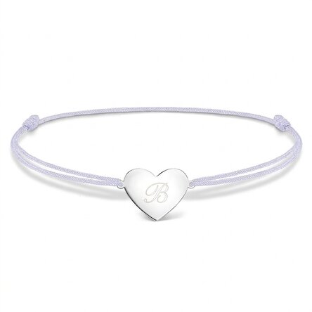 Gepersonaliseerde armband met koord - hartje 15x13 mm - 925 zilver - initiaal