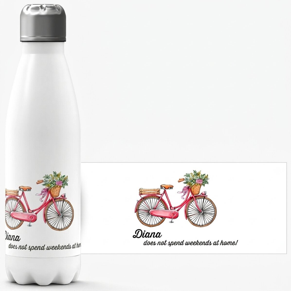 Gepersonaliseerde thermosfles met witte onderkant en tekst - retro fietsontwerp