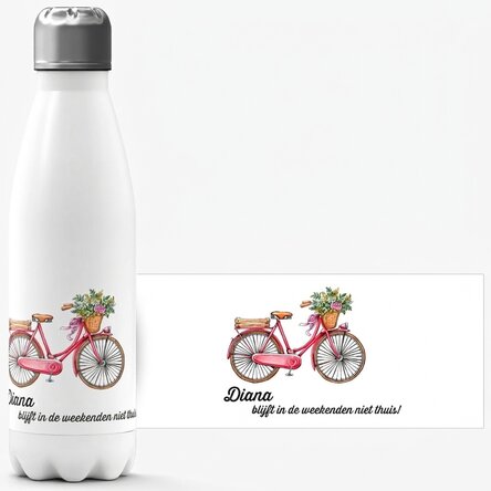 Gepersonaliseerde thermosfles met witte onderkant en tekst - retro fietsontwerp
