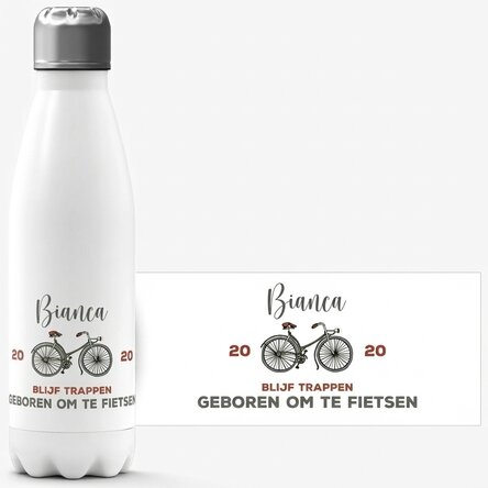 Thermosfles met witte bodem, gepersonaliseerd met naam en tekst - Fiets