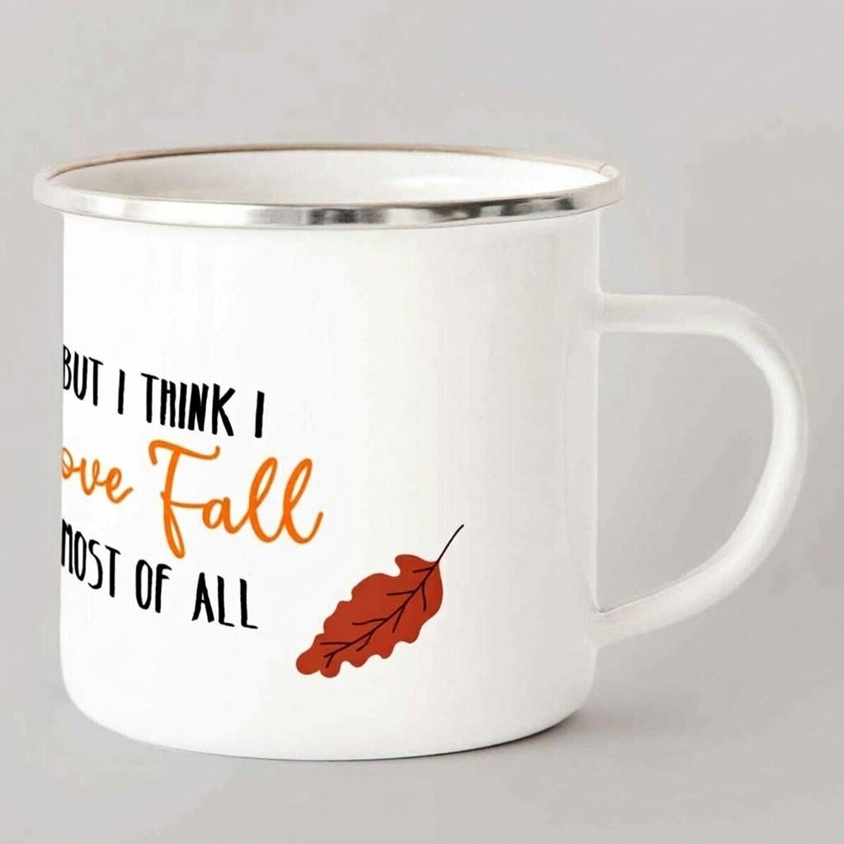Geëmailleerde metalen beker met tekst - I love fall