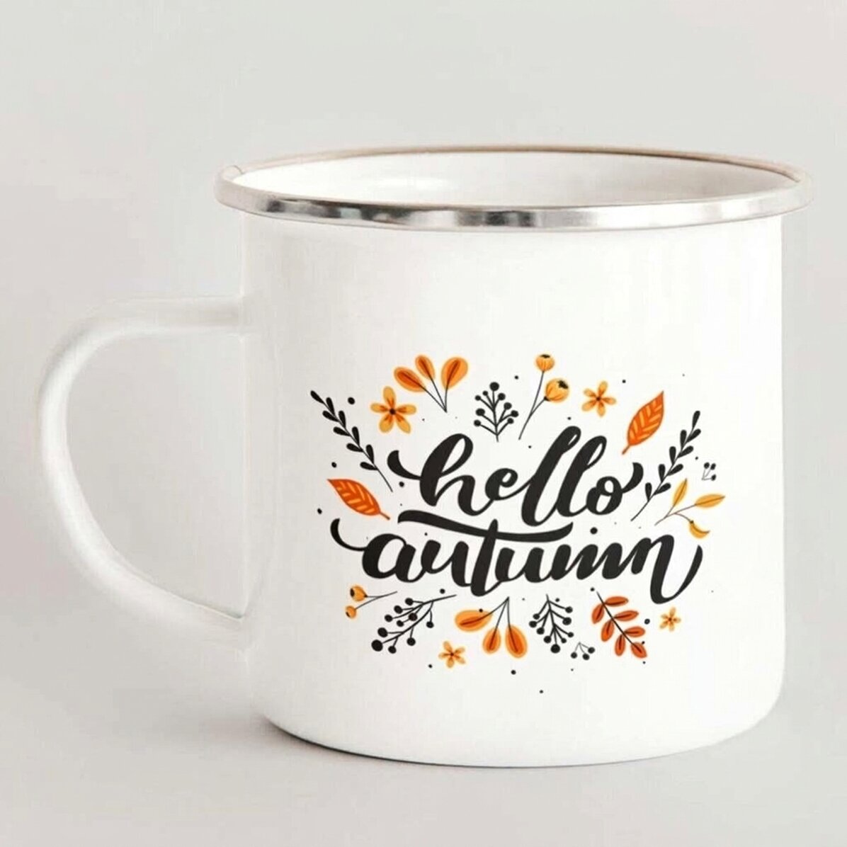 Geëmailleerde metalen mok met tekst - hello autumn