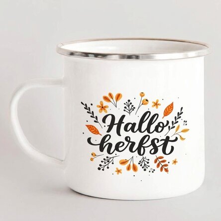 Geëmailleerde metalen mok met tekst - hello autumn