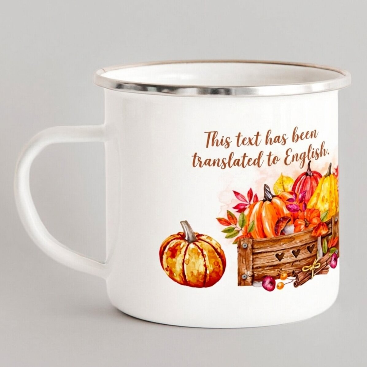 Geëmailleerde metalen beker met tekst - Hello, pumpkin