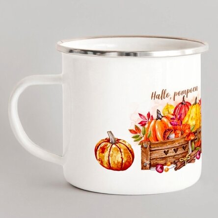 Geëmailleerde metalen mok met tekst - Hello, pumpkin