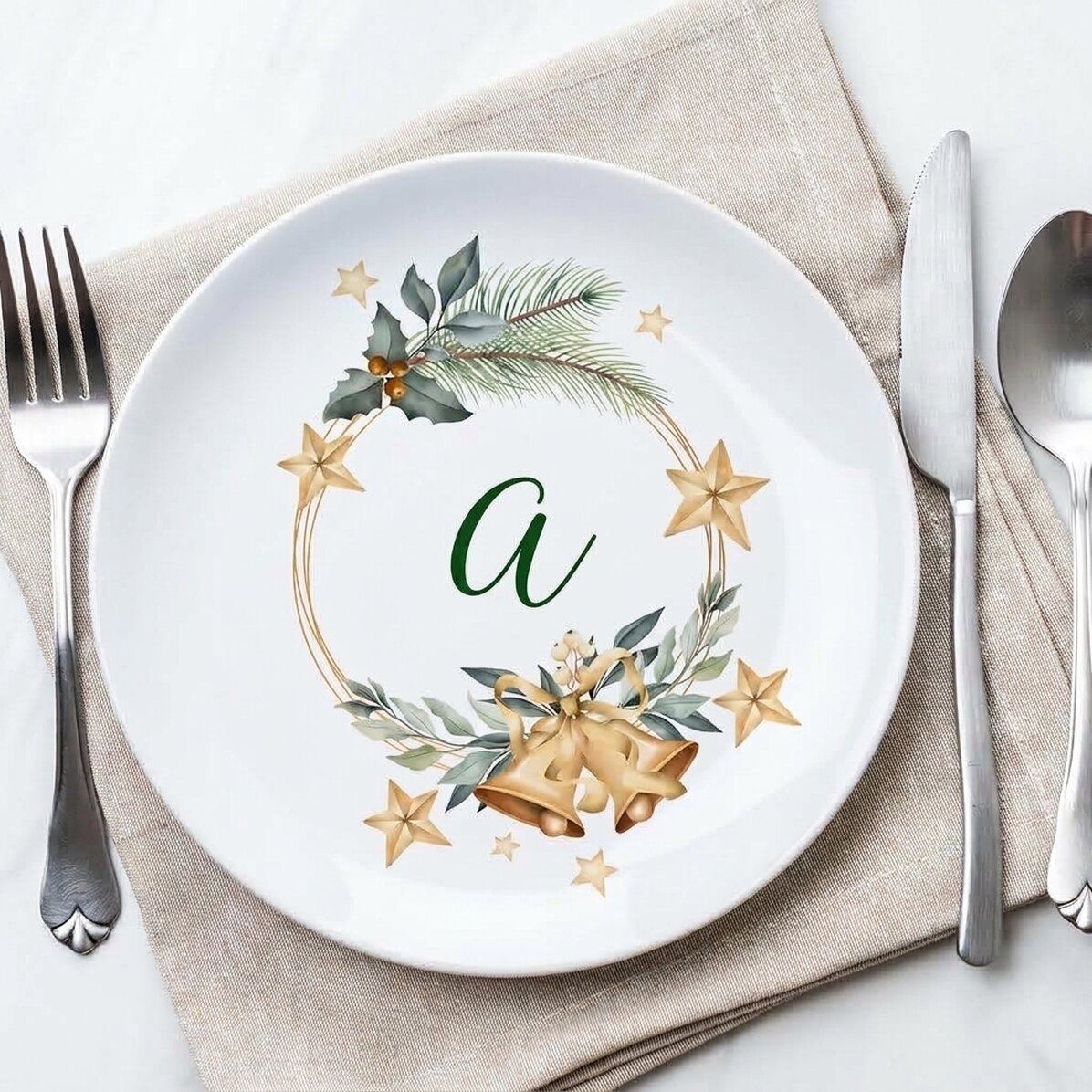 Gepersonaliseerd bord met initiaal - Golden Christmas Bells