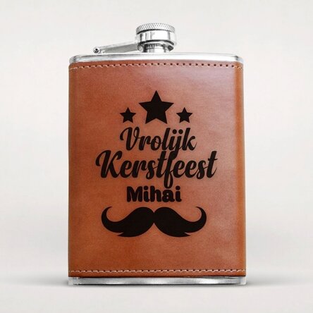 Gepersonaliseerde zakfles met lederen hoes - Happy Christmas