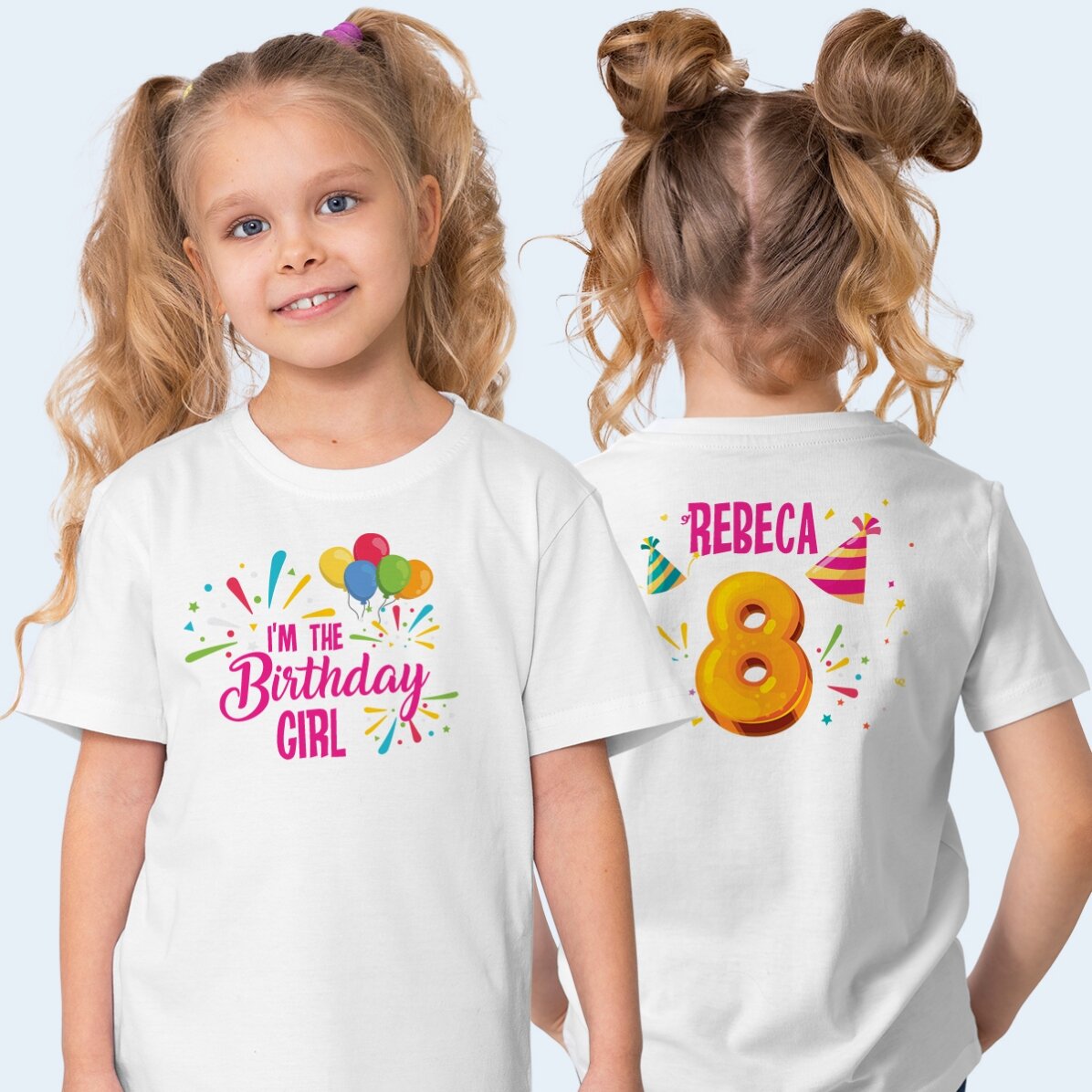 Katoenen T-shirt voor kinderen, gepersonaliseerd aan de voor- en achterkant, voor een verjaardag