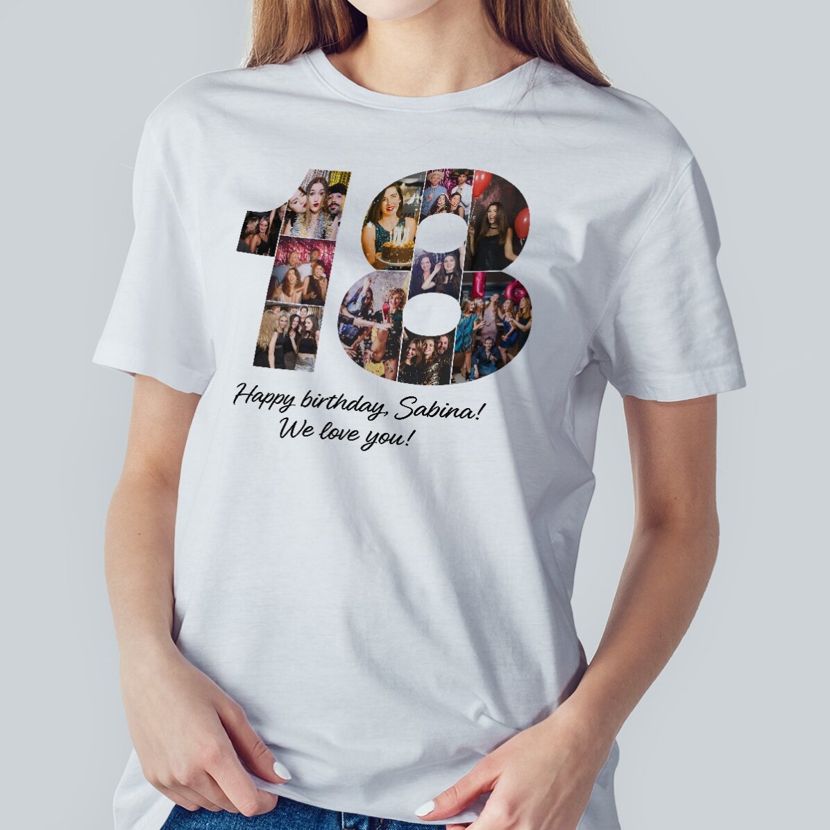 Personalised cotton T-shirt with 11 photos and text for coming of age - 18 years old