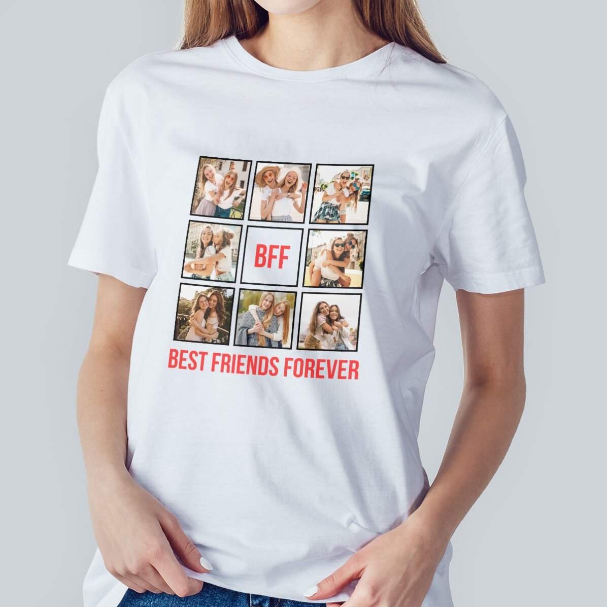 Gepersonaliseerd katoenen T-shirt met 8 foto’s en tekst - Best Friends Forever