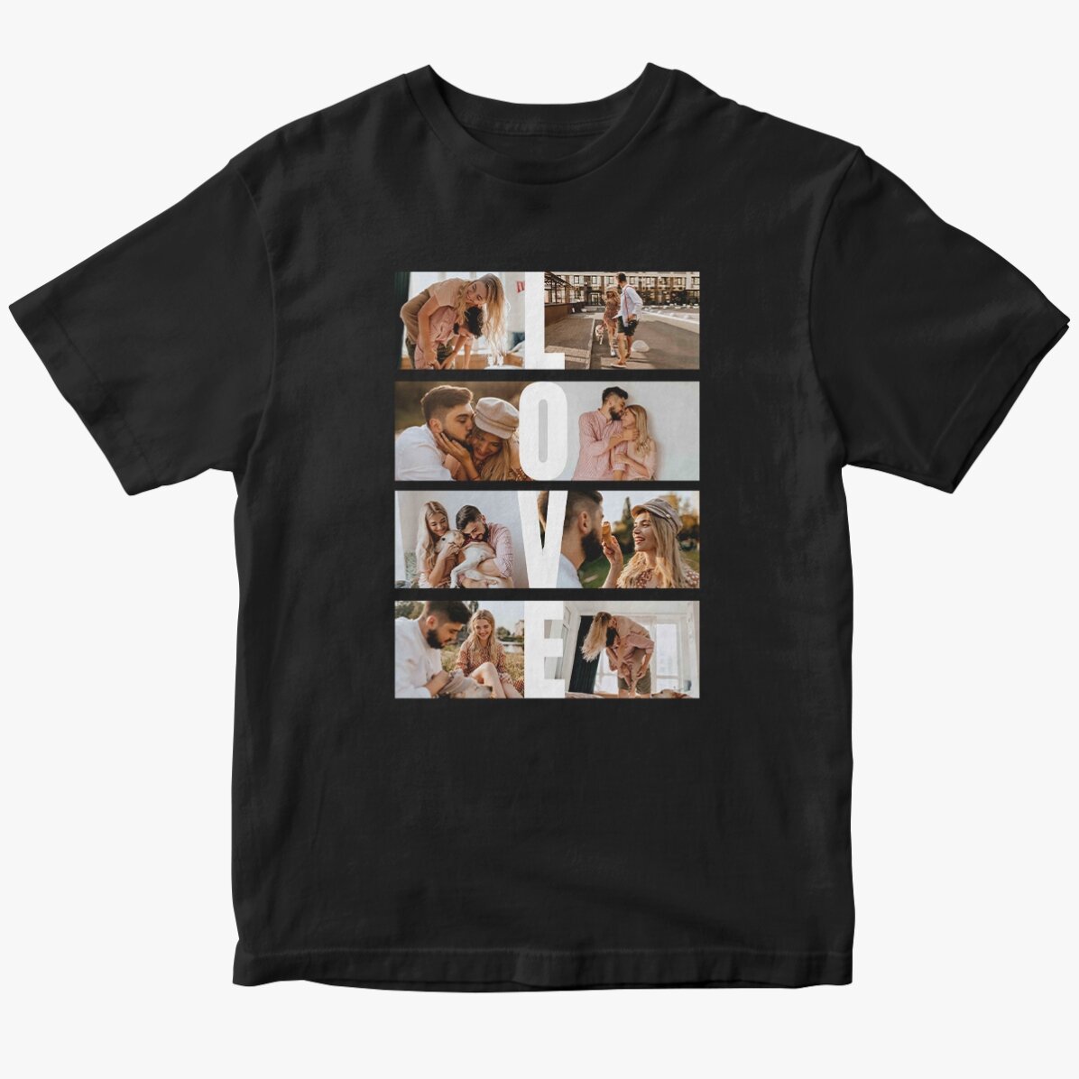 Gepersonaliseerd katoenen T-shirt met 8 foto’s en tekst - LOVE