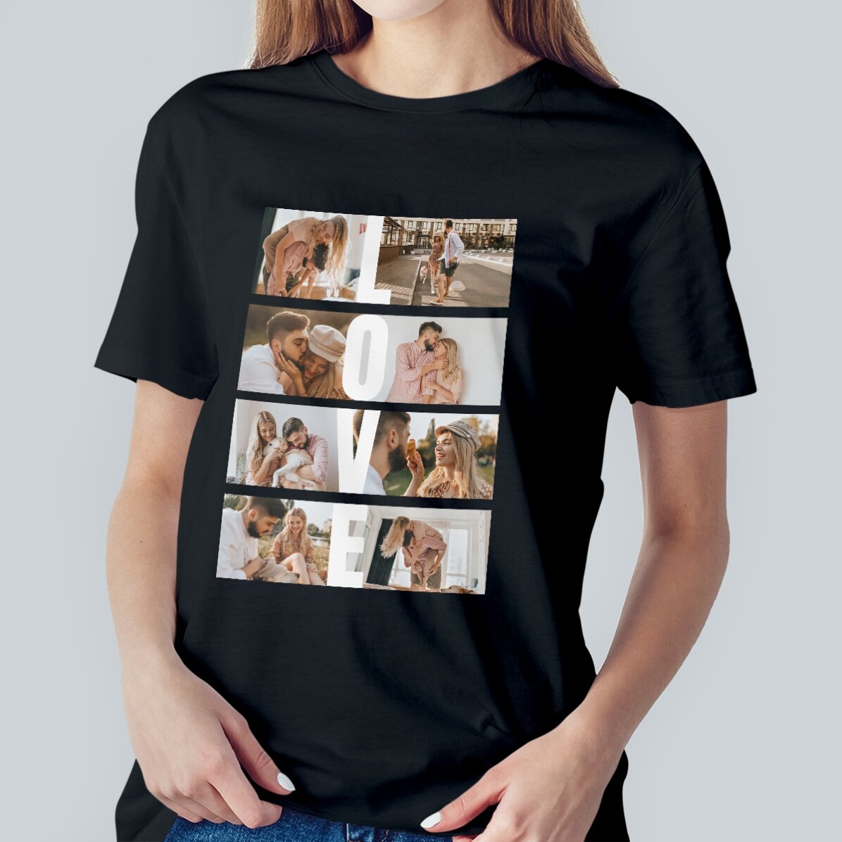Gepersonaliseerd katoenen T-shirt met 8 foto’s en tekst - LOVE