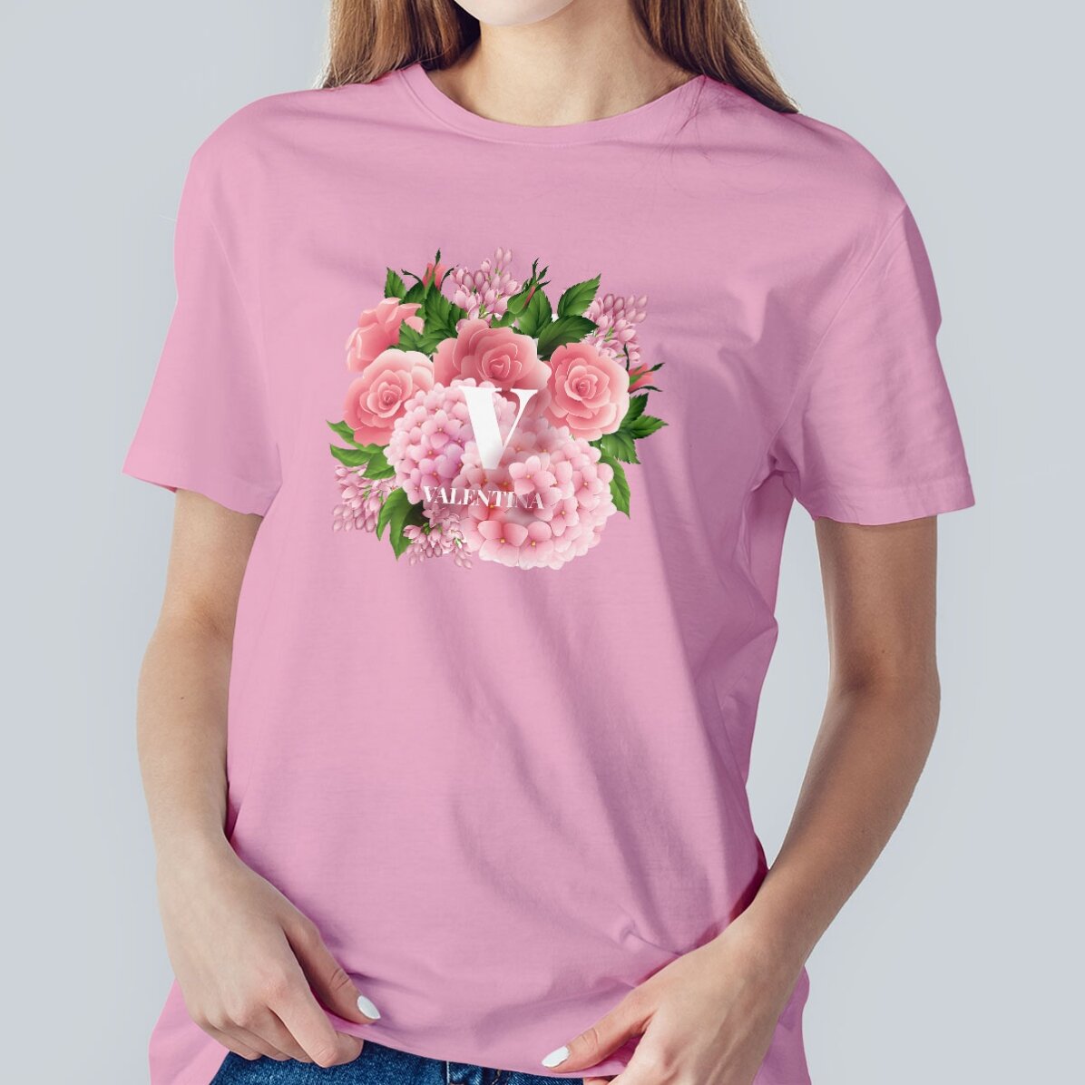 Katoenen T-shirt met initialen en naam - Lentebloemen