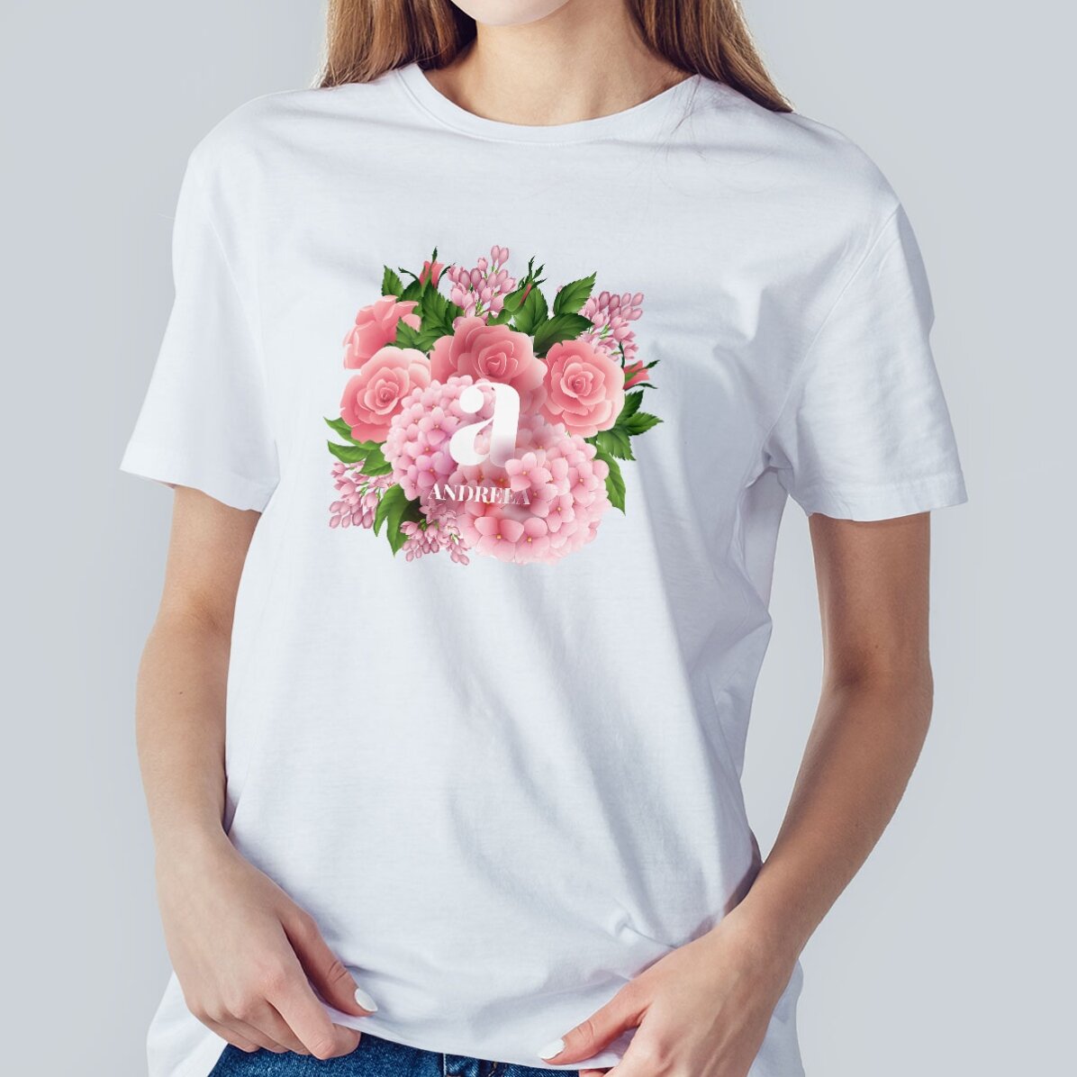 Katoenen T-shirt met initialen en naam - Lentebloemen
