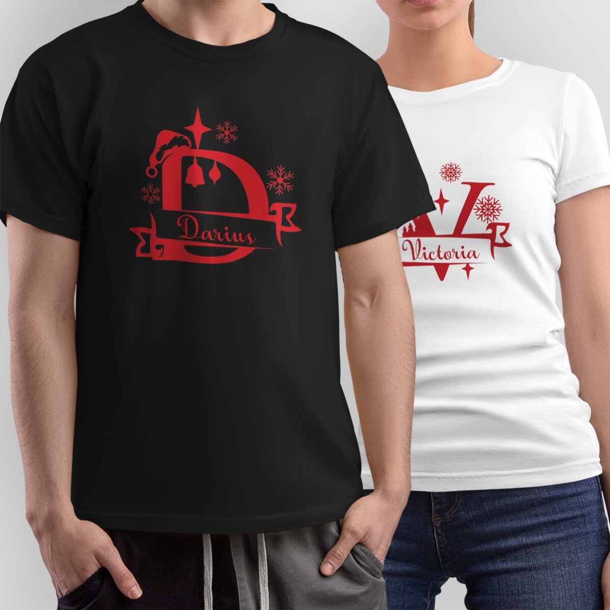 Personalised cotton T-shirt with initial and name - Christmas design