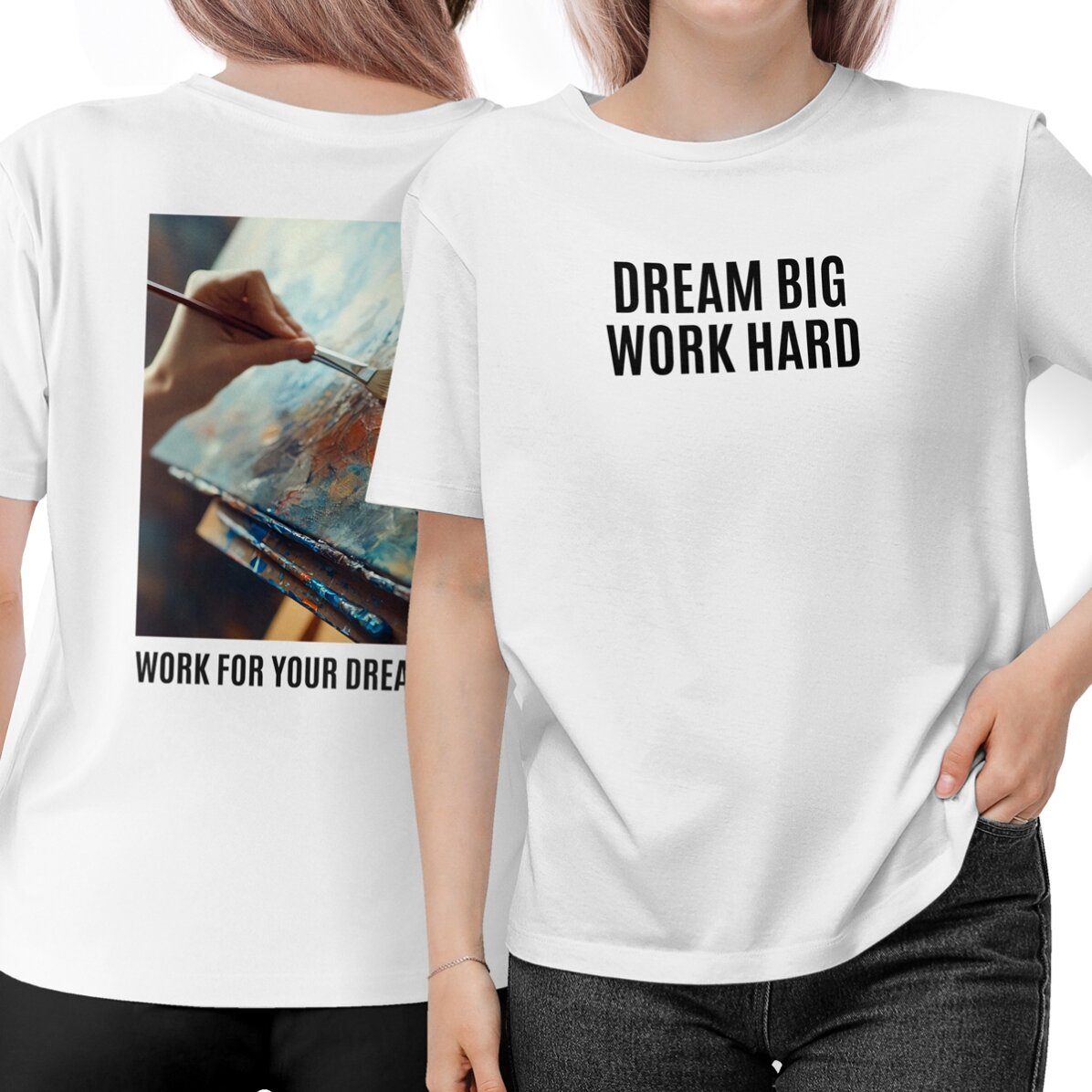 Op maat gemaakt katoenen T-shirt met teksten en foto aan de voor- en achterkant