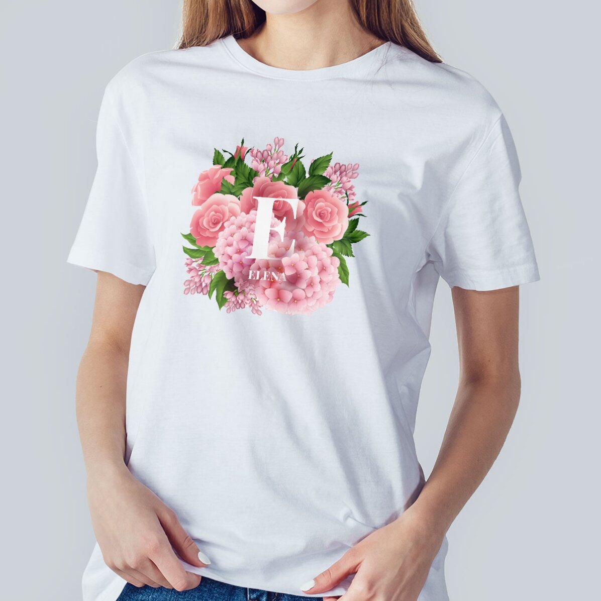 Katoenen T-shirt met initialen en naam - Lentebloemen