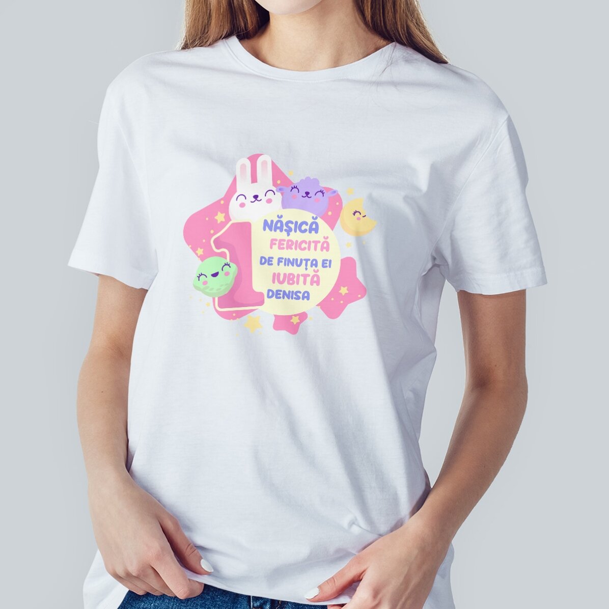 Katoenen T-shirt met gepersonaliseerde tekst (meisjesmodel) - 1-jarig verjaardagsfeestje
